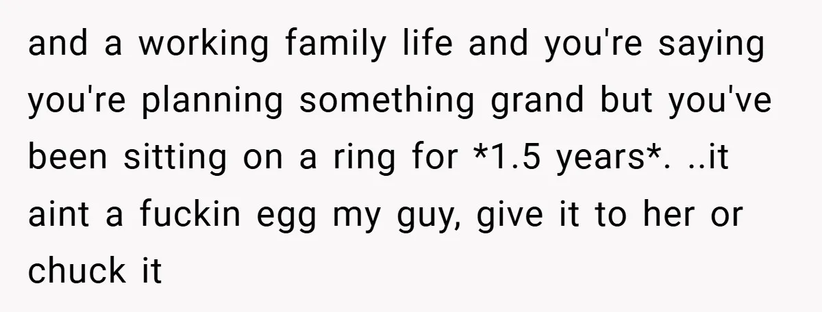 and a working family life and you're saying you're planning something grand but you've been sitting on a ring for *1.5 years*. ..it aint a fuckin egg my guy, give...