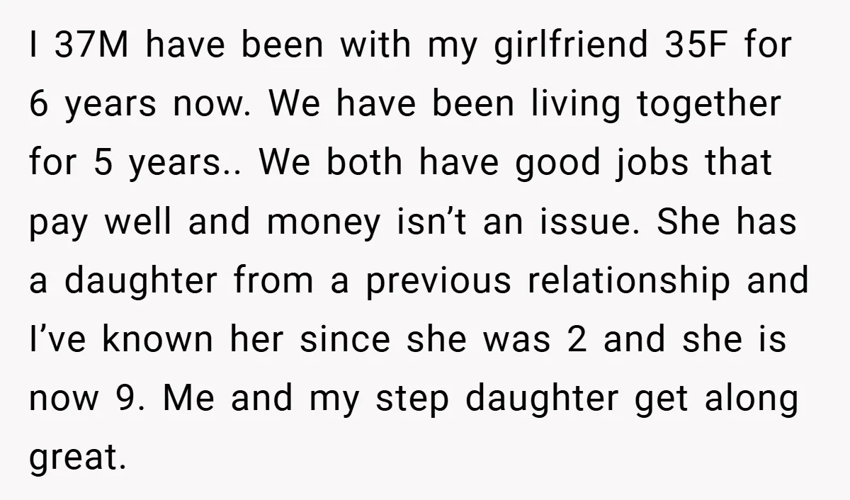 I 37M have been with my girlfriend 35F for 6 years now. We have been living together for 5 years.. We both have good jobs that pay well and money...