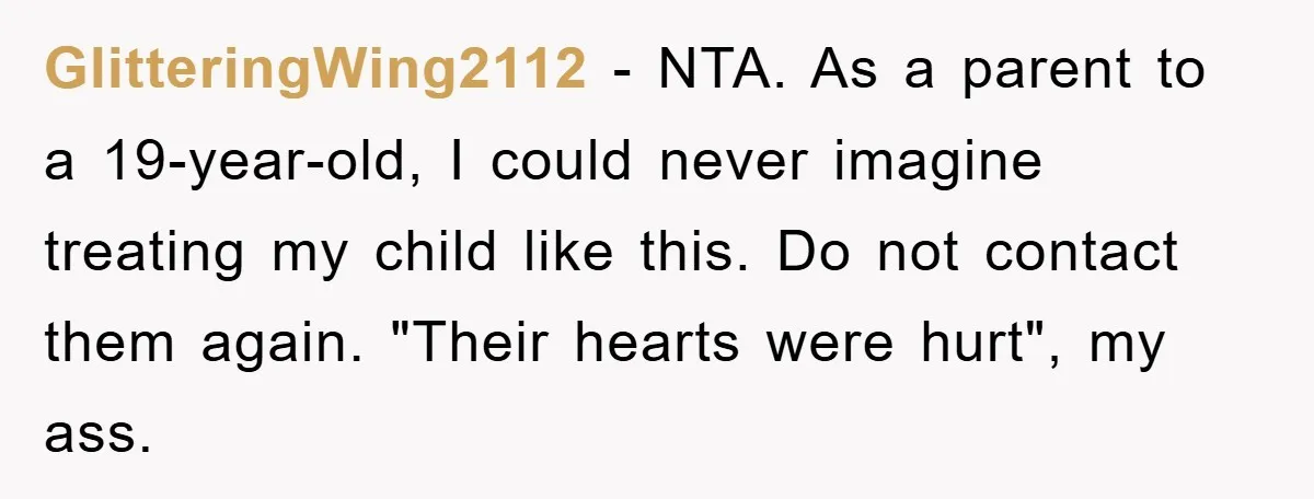 GlitteringWing2112 − NTA. As a parent to a 19-year-old, I could never imagine treating my child like this. Do not contact them again. "Their hearts were hurt", my ass.