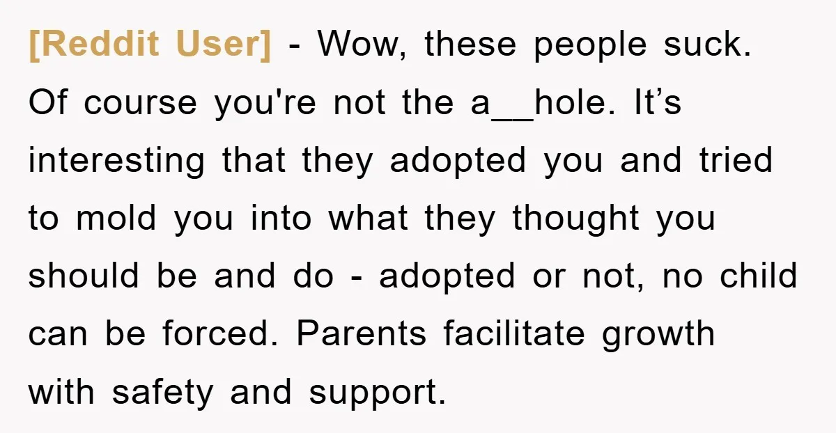 [Reddit User] − Wow, these people suck. Of course you're not the a__hole. It’s interesting that they adopted you and tried to mold you into what they thought you should...