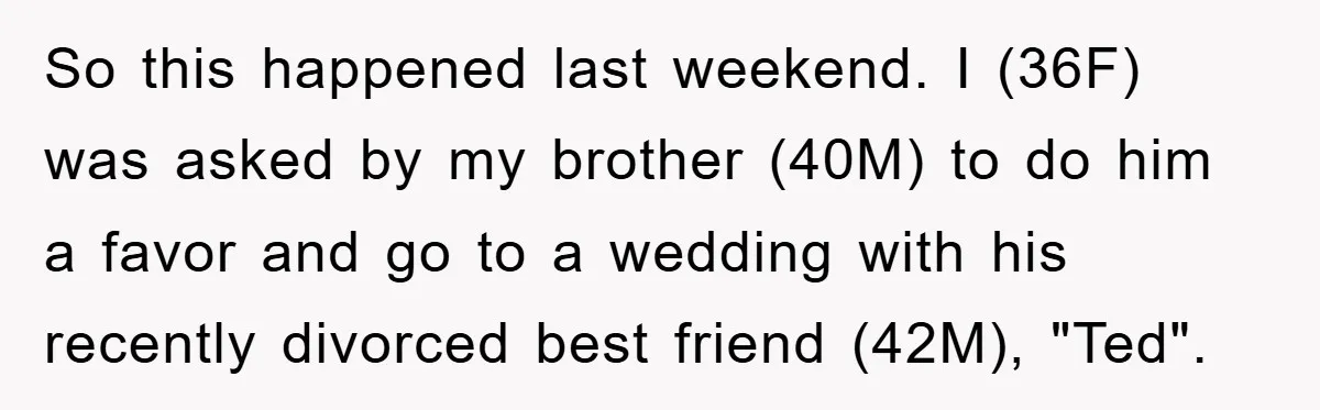 So this happened last weekend. I (36F) was asked by my brother (40M) to do him a favor and go to a wedding with his recently divorced best friend (42M),...