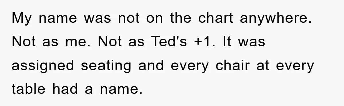 My name was not on the chart anywhere. Not as me. Not as Ted's +1. It was assigned seating and every chair at every table had a name.