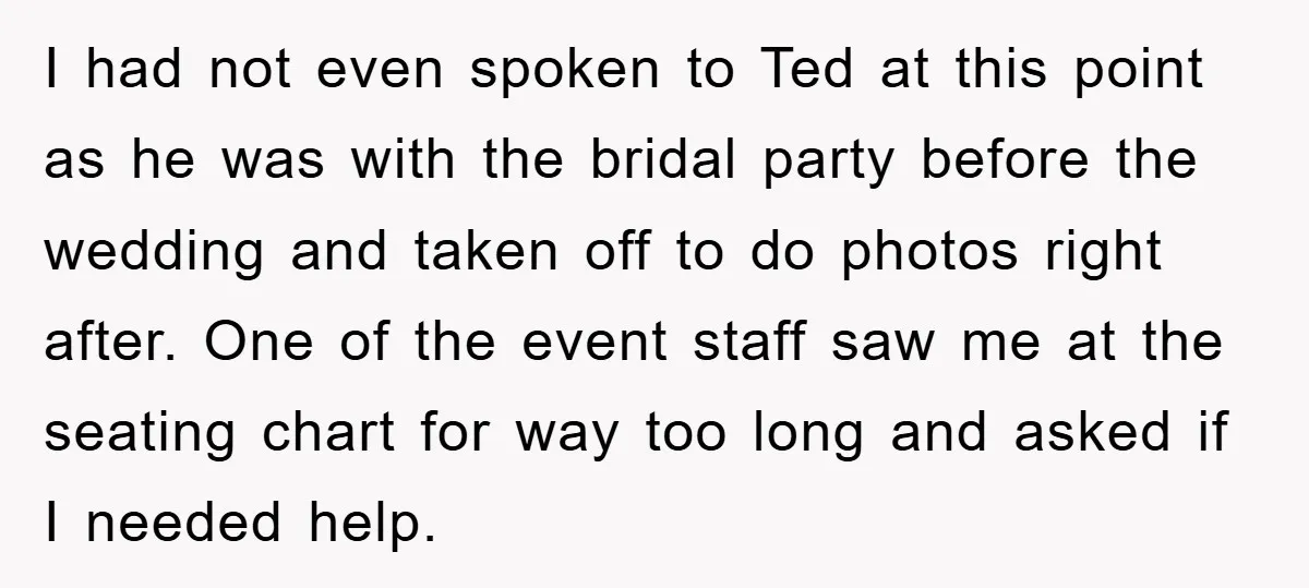 I had not even spoken to Ted at this point as he was with the bridal party before the wedding and taken off to do photos right after. One of...