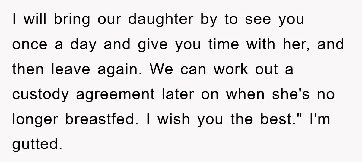 I will bring our daughter by to see you once a day and give you time with her, and then leave again. We can work out a custody agreement later...