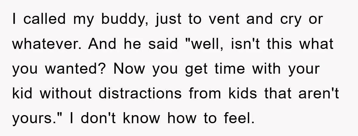 I called my buddy, just to vent and cry or whatever. And he said "well, isn't this what you wanted? Now you get time with your kid without distractions from...