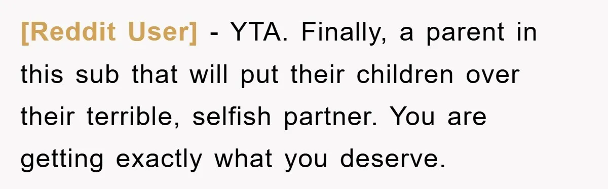 [Reddit User] − YTA. Finally, a parent in this sub that will put their children over their terrible, selfish partner. You are getting exactly what you deserve.