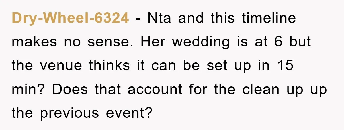 Dry-Wheel-6324 − Nta and this timeline makes no sense. Her wedding is at 6 but the venue thinks it can be set up in 15 min? Does that account for...