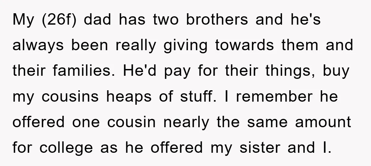 My (26f) dad has two brothers and he's always been really giving towards them and their families. He'd pay for their things, buy my cousins heaps of stuff. I remember...