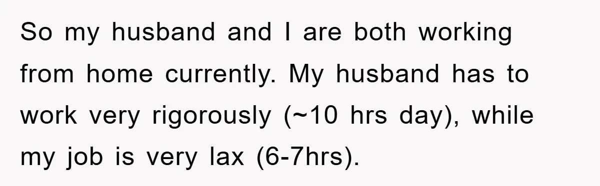 So my husband and I are both working from home currently. My husband has to work very rigorously (~10 hrs day), while my job is very lax (6-7hrs).