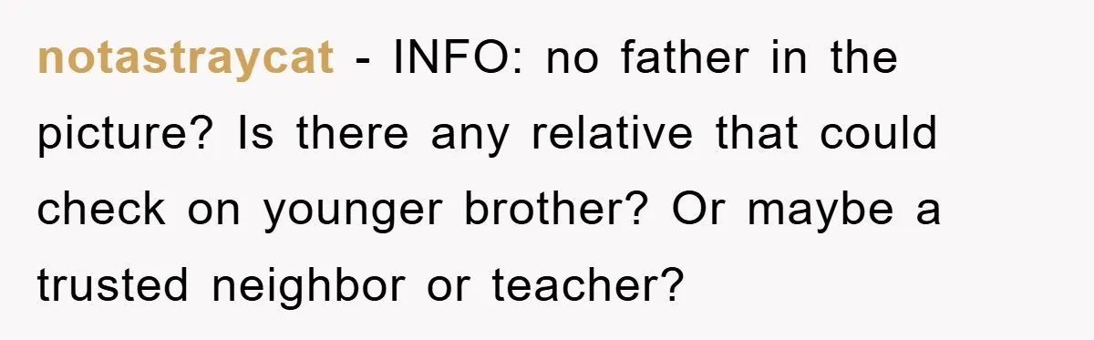 notastraycat − INFO: no father in the picture? Is there any relative that could check on younger brother? Or maybe a trusted neighbor or teacher?