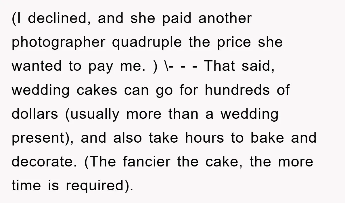 (I declined, and she paid another photographer quadruple the price she wanted to pay me. ) \- - - That said, wedding cakes can go for hundreds of dollars (usually...