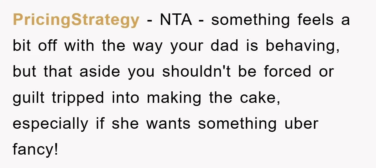PricingStrategy − NTA - something feels a bit off with the way your dad is behaving, but that aside you shouldn't be forced or guilt tripped into making the cake,...