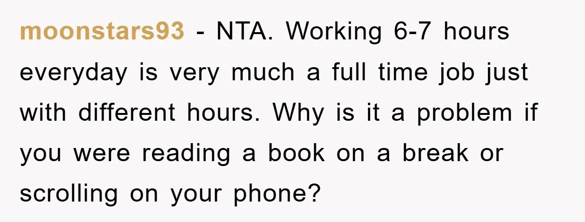 moonstars93 − NTA. Working 6-7 hours everyday is very much a full time job just with different hours. Why is it a problem if you were reading a book on...