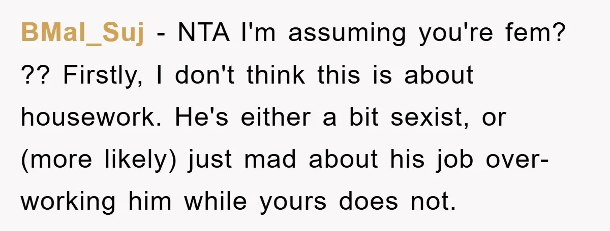 BMal_Suj − NTA I'm assuming you're fem? ?? Firstly, I don't think this is about housework. He's either a bit sexist, or (more likely) just mad about his job over-working...