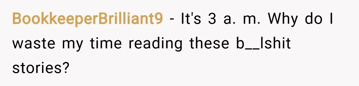 BookkeeperBrilliant9 − It's 3 a. m. Why do I waste my time reading these b__lshit stories?