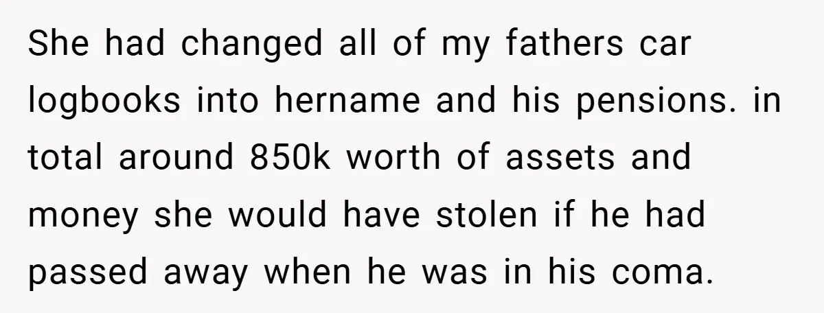 She had changed all of my fathers car logbooks into hername and his pensions. in total around 850k worth of assets and money she would have stolen if he had...