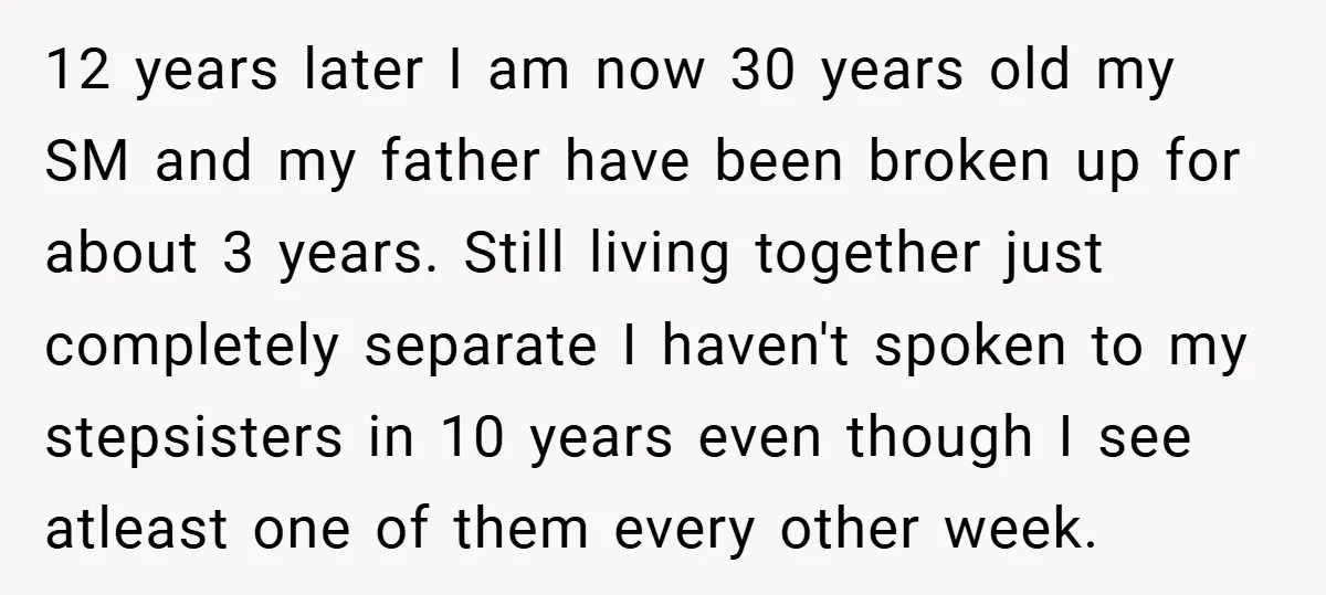 12 years later I am now 30 years old my SM and my father have been broken up for about 3 years. Still living together just completely separate I haven't...