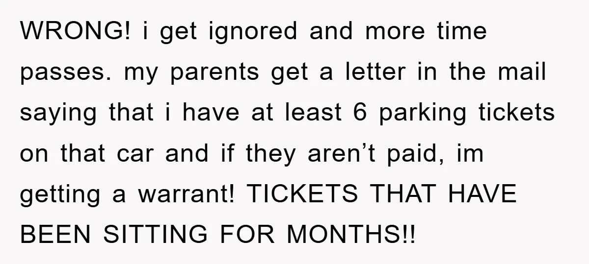 WRONG! i get ignored and more time passes. my parents get a letter in the mail saying that i have at least 6 parking tickets on that car and if...