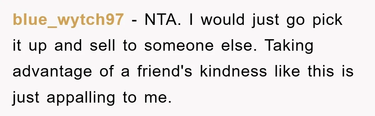 blue_wytch97 − NTA. I would just go pick it up and sell to someone else. Taking advantage of a friend's kindness like this is just appalling to me.