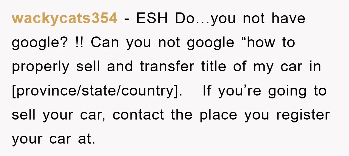 wackycats354 − ESH Do…you not have google? !! Can you not google “how to properly sell and transfer title of my car in [province/state/country]. If you’re going to sell your...