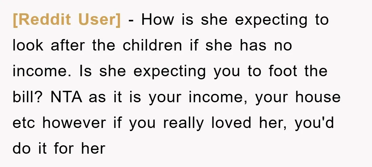 [Reddit User] − How is she expecting to look after the children if she has no income. Is she expecting you to foot the bill? NTA as it is your...