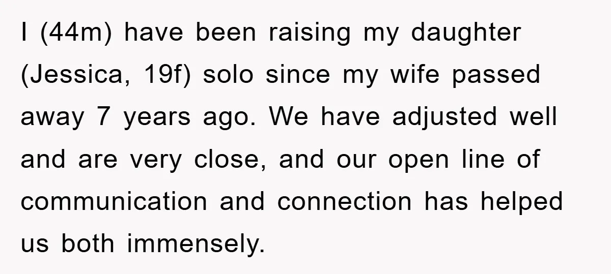 I (44m) have been raising my daughter (Jessica, 19f) solo since my wife passed away 7 years ago. We have adjusted well and are very close, and our open line...