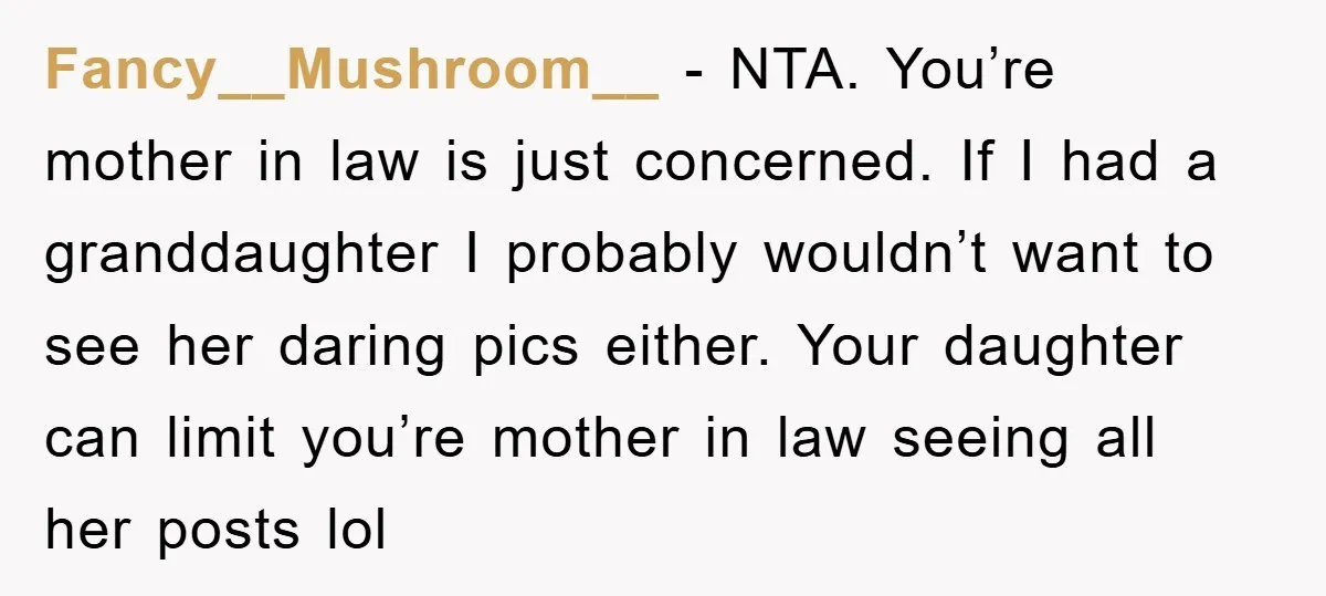 Fancy__Mushroom__ − NTA. You’re mother in law is just concerned. If I had a granddaughter I probably wouldn’t want to see her daring pics either. Your daughter can limit you’re...