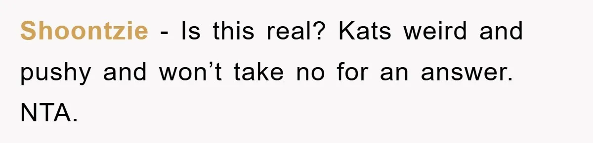 Shoontzie − Is this real? Kats weird and pushy and won’t take no for an answer. NTA.