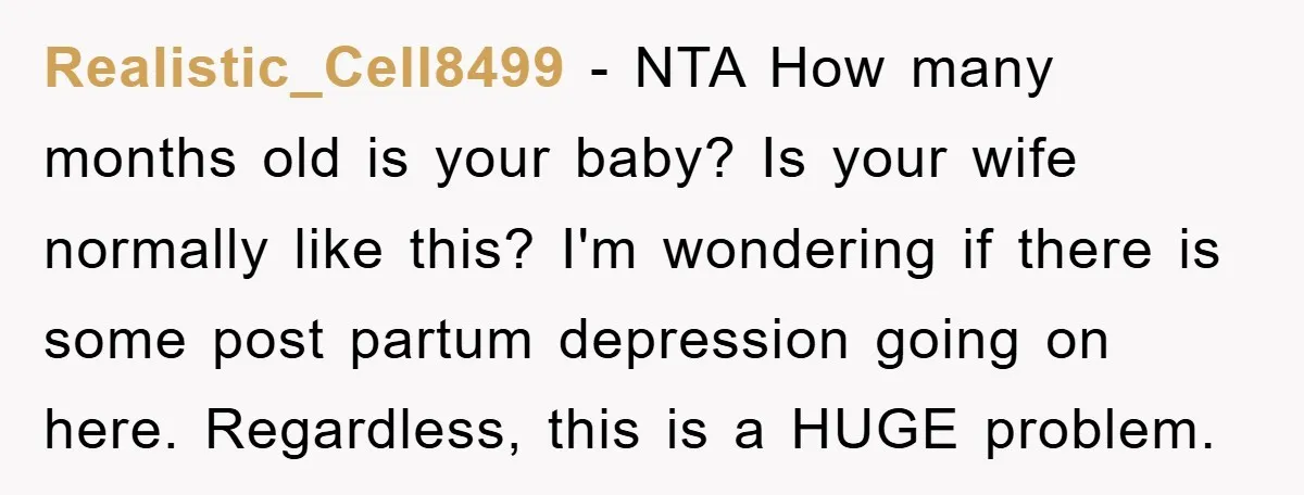 Realistic_Cell8499 − NTA How many months old is your baby? Is your wife normally like this? I'm wondering if there is some post partum depression going on here. Regardless, this...