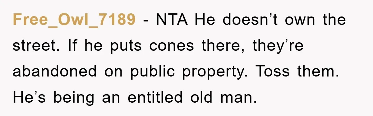 Free_Owl_7189 − NTA He doesn’t own the street. If he puts cones there, they’re abandoned on public property. Toss them. He’s being an entitled old man.