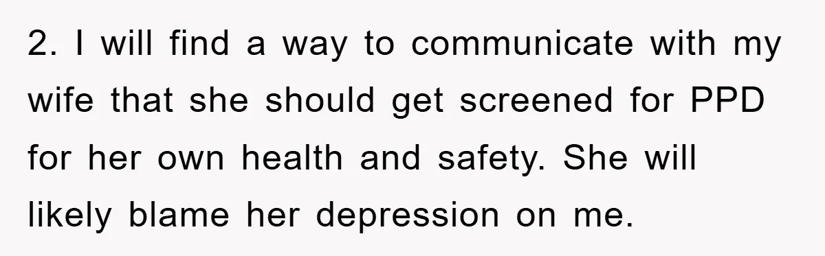 2. I will find a way to communicate with my wife that she should get screened for PPD for her own health and safety. She will likely blame her depression...