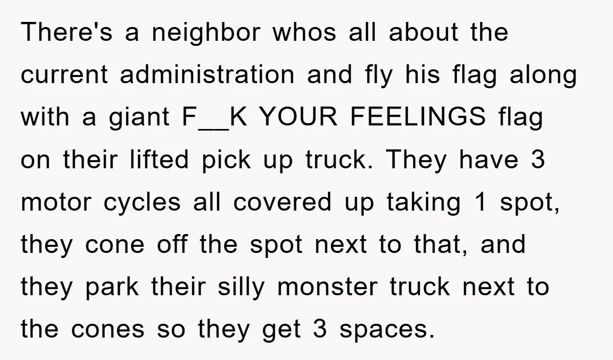 There's a neighbor whos all about the current administration and fly his flag along with a giant F__K YOUR FEELINGS flag on their lifted pick up truck. They have 3...