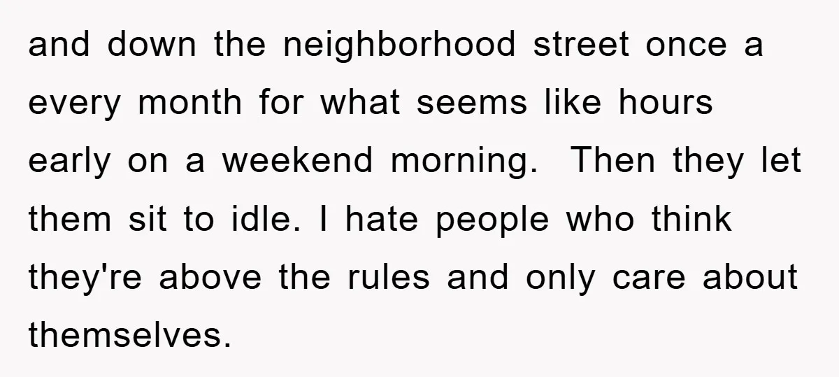 and down the neighborhood street once a every month for what seems like hours early on a weekend morning. Then they let them sit to idle. I hate people who...