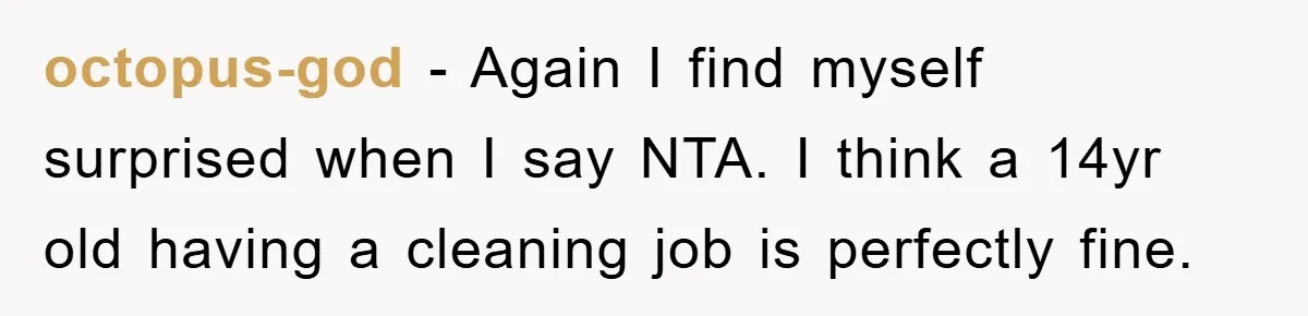 octopus-god − Again I find myself surprised when I say NTA. I think a 14yr old having a cleaning job is perfectly fine.