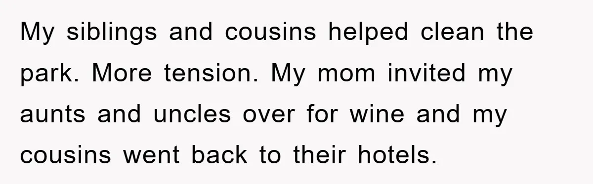 My siblings and cousins helped clean the park. More tension. My mom invited my aunts and uncles over for wine and my cousins went back to their hotels.