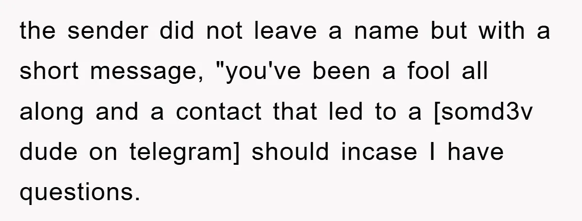 the sender did not leave a name but with a short message, "you've been a fool all along and a contact that led to a [somd3v dude on telegram] should...