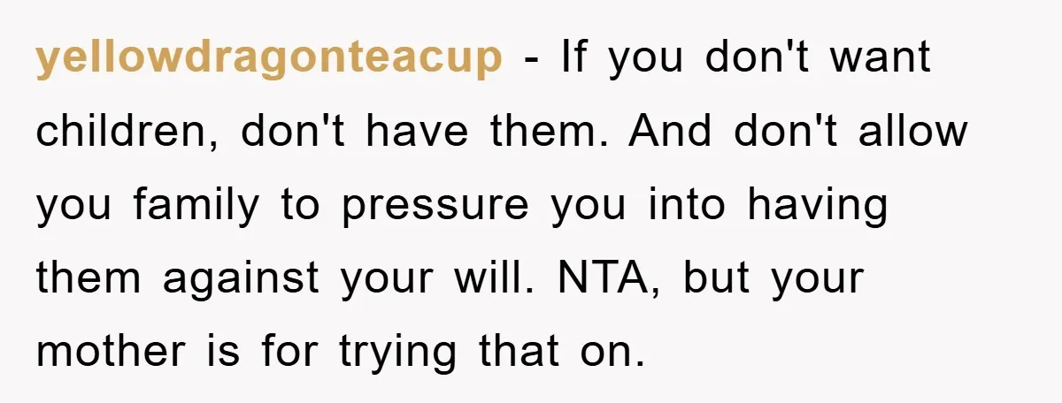 yellowdragonteacup − If you don't want children, don't have them. And don't allow you family to pressure you into having them against your will. NTA, but your mother is for...