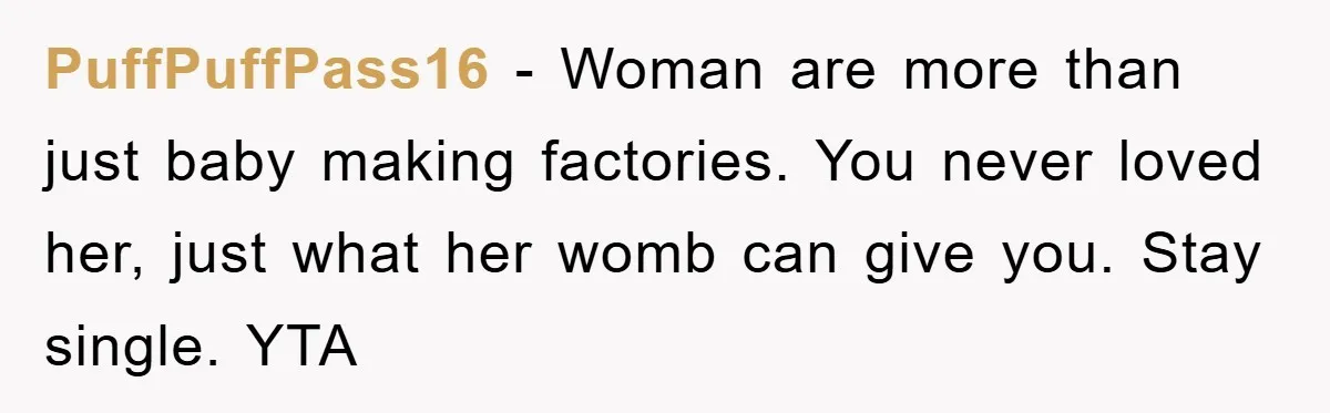 PuffPuffPass16 − Woman are more than just baby making factories. You never loved her, just what her womb can give you. Stay single. YTA