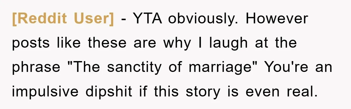 [Reddit User] − YTA obviously. However posts like these are why I laugh at the phrase "The sanctity of marriage" You're an impulsive dipshit if this story is even real.