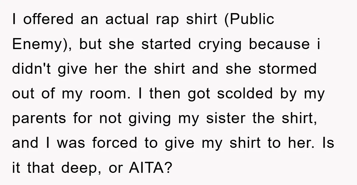 I offered an actual rap shirt (Public Enemy), but she started crying because i didn't give her the shirt and she stormed out of my room. I then got scolded...
