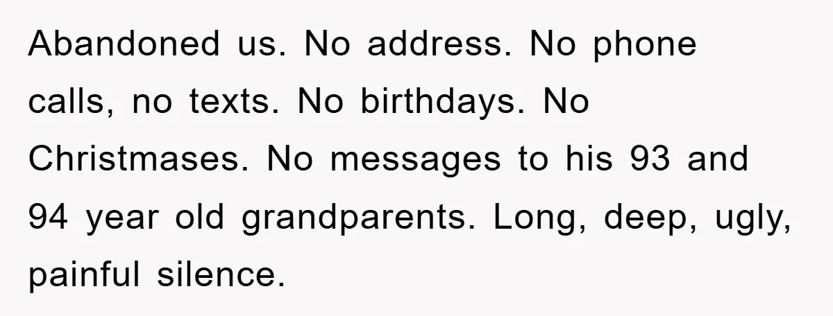 Abandoned us. No address. No phone calls, no texts. No birthdays. No Christmases. No messages to his 93 and 94 year old grandparents. Long, deep, ugly, painful silence.