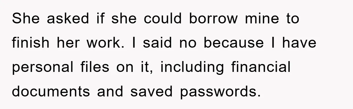 She asked if she could borrow mine to finish her work. I said no because I have personal files on it, including financial documents and saved passwords.