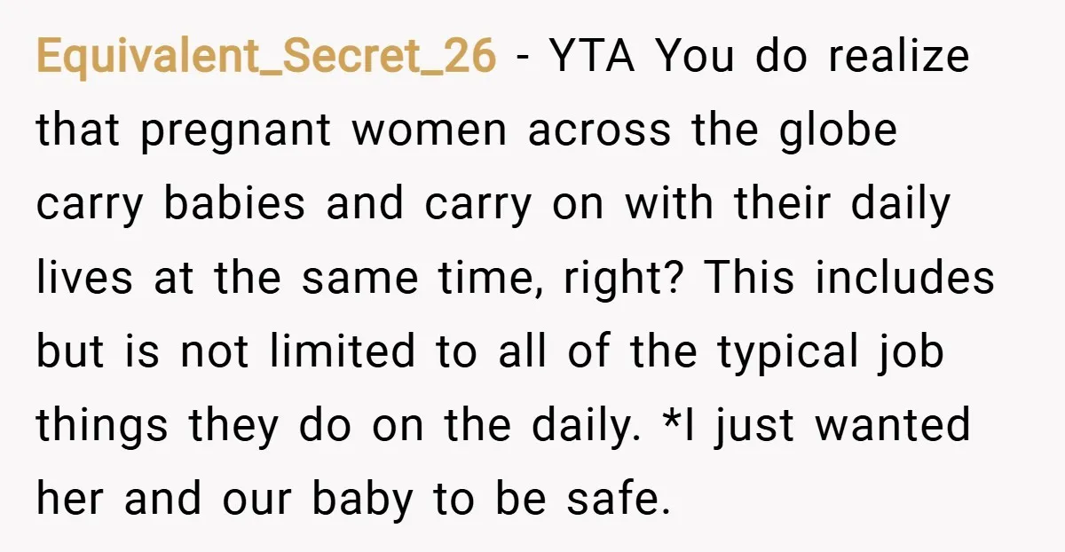 Equivalent_Secret_26 − YTA You do realize that pregnant women across the globe carry babies and carry on with their daily lives at the same time, right? This includes but is...