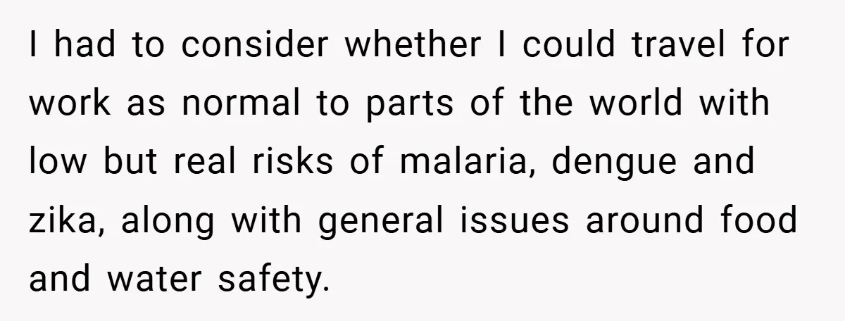I had to consider whether I could travel for work as normal to parts of the world with low but real risks of malaria, dengue and zika, along with general...