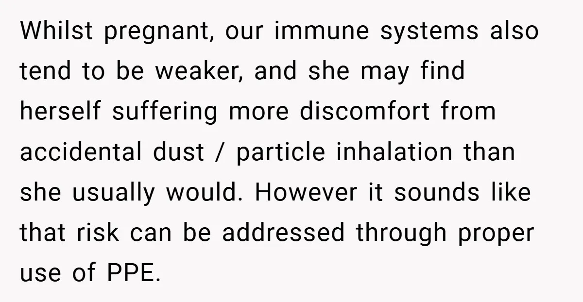 Whilst pregnant, our immune systems also tend to be weaker, and she may find herself suffering more discomfort from accidental dust / particle inhalation than she usually would. However it...