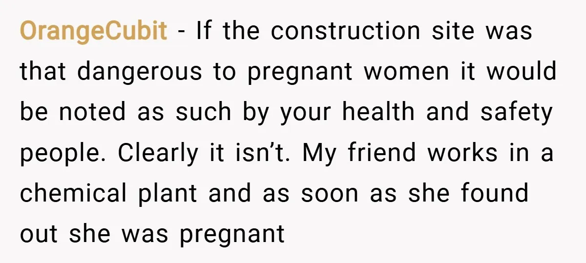 OrangeCubit − If the construction site was that dangerous to pregnant women it would be noted as such by your health and safety people. Clearly it isn’t. My friend works...
