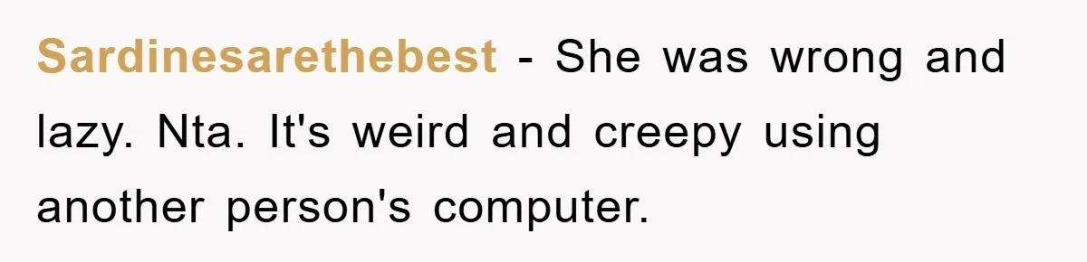 Sardinesarethebest − She was wrong and lazy. Nta. It's weird and creepy using another person's computer.