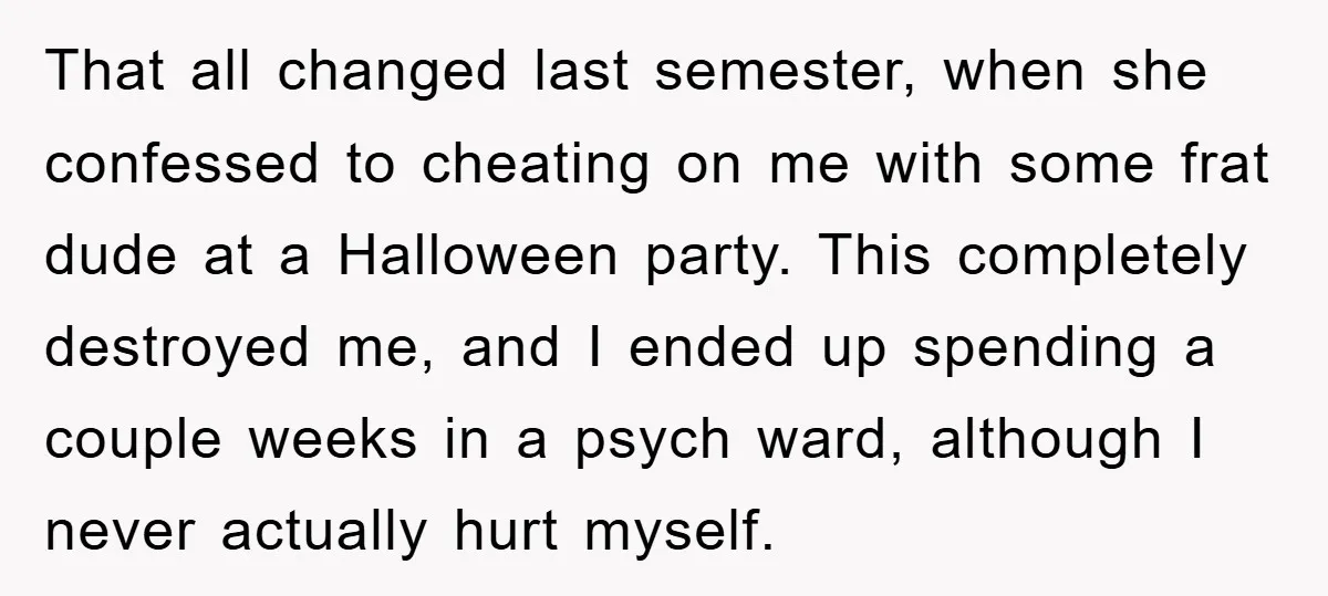 That all changed last semester, when she confessed to cheating on me with some frat dude at a Halloween party. This completely destroyed me, and I ended up spending a...