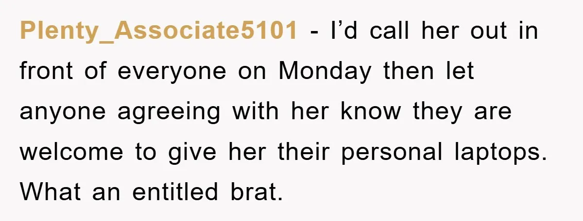 Plenty_Associate5101 − I’d call her out in front of everyone on Monday then let anyone agreeing with her know they are welcome to give her their personal laptops. What an...