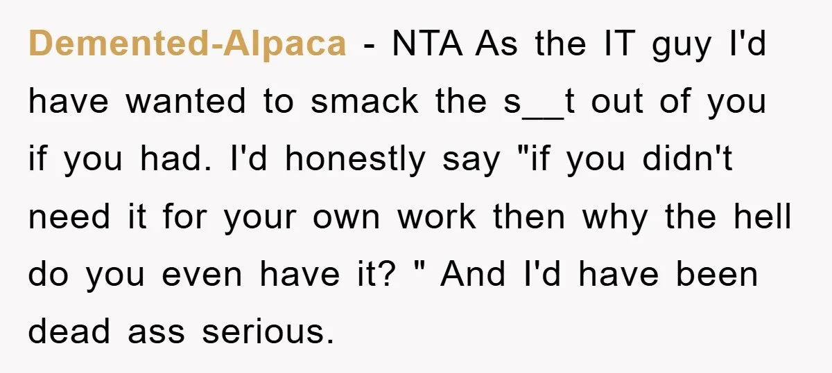 Demented-Alpaca − NTA As the IT guy I'd have wanted to smack the s__t out of you if you had. I'd honestly say "if you didn't need it for your...